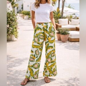 Panama Jack Floral Linen Printed Wide Leg Pull on Pants Parrot Birds NWT Medium